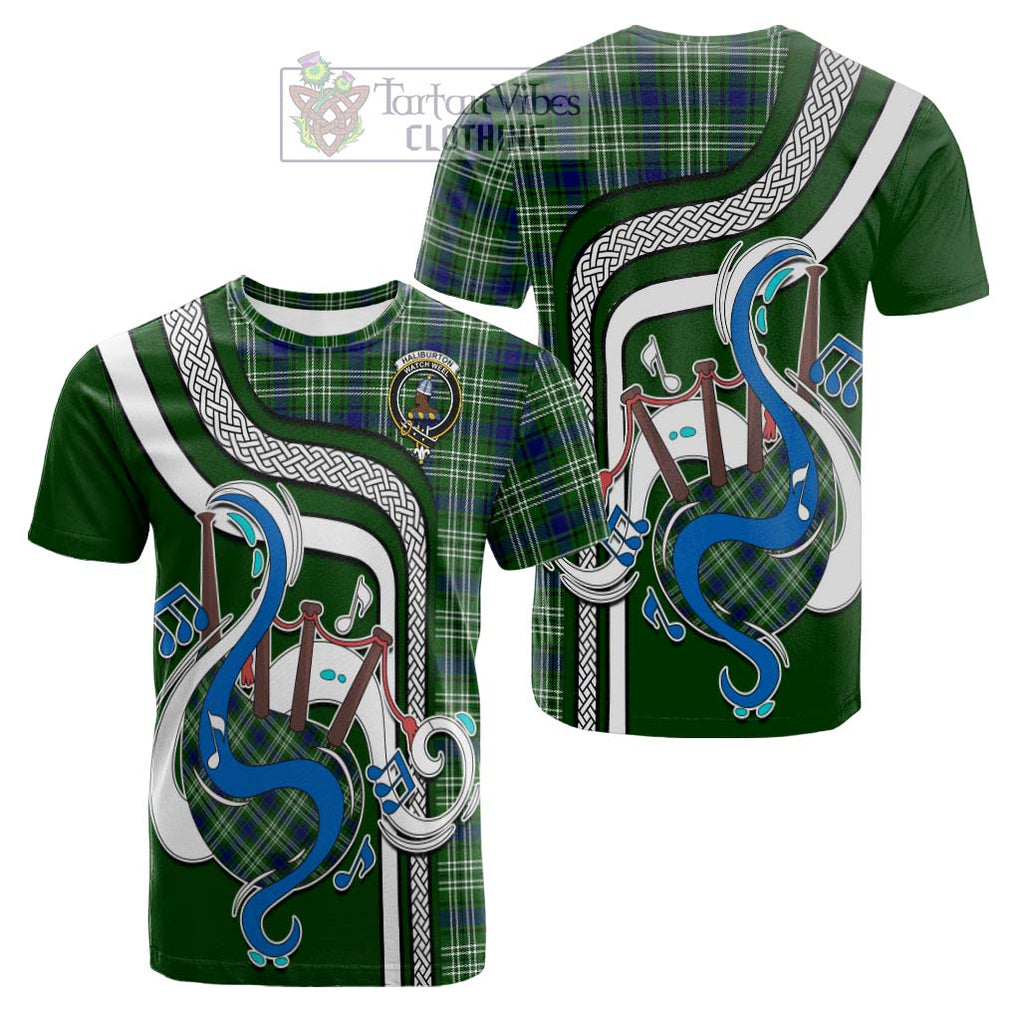 Tartan Vibes Clothing Haliburton Tartan Cotton T-shirt with Epic Bagpipe Style