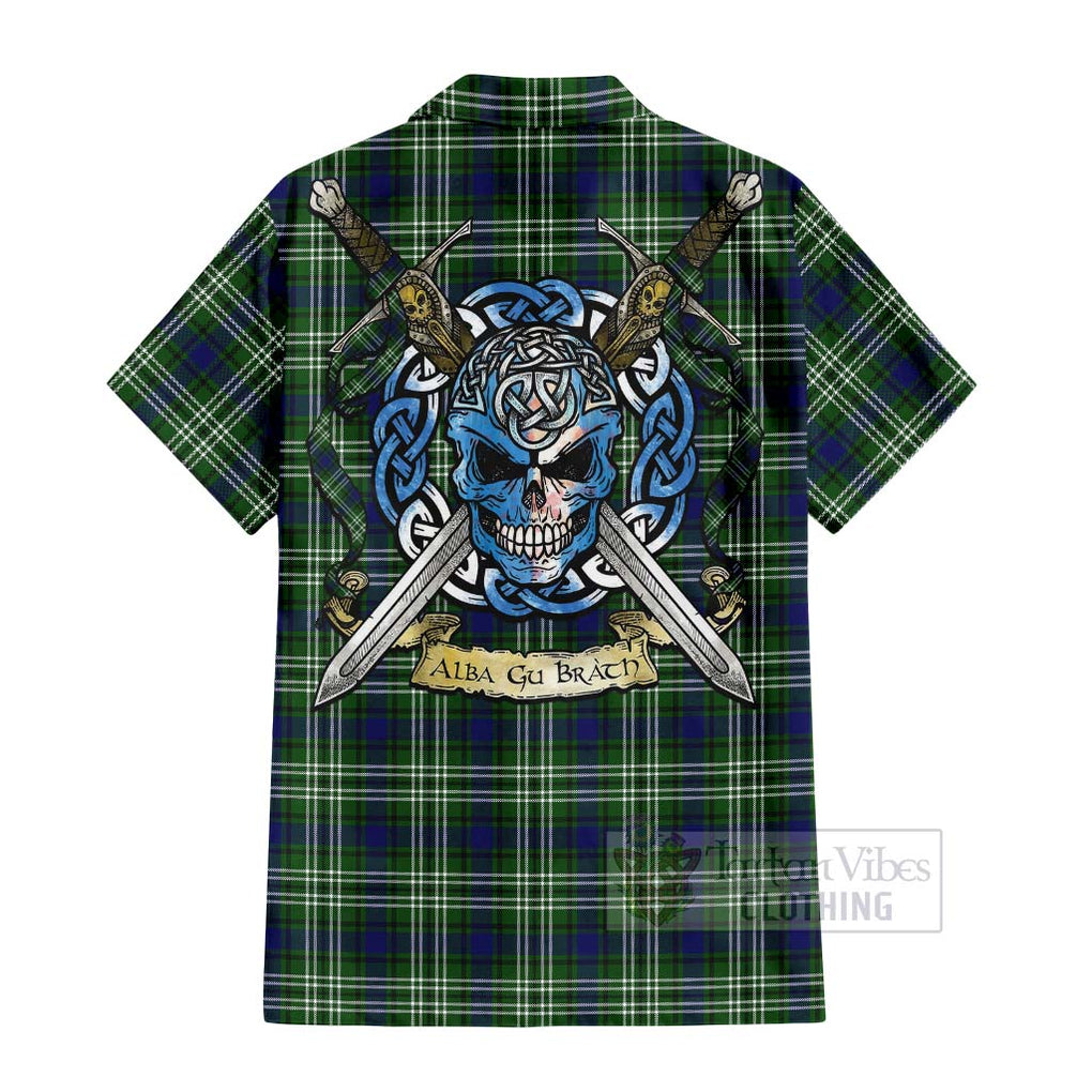 Tartan Vibes Clothing Haliburton Tartan Short Sleeve Button Shirt with Family Crest Celtic Skull Style