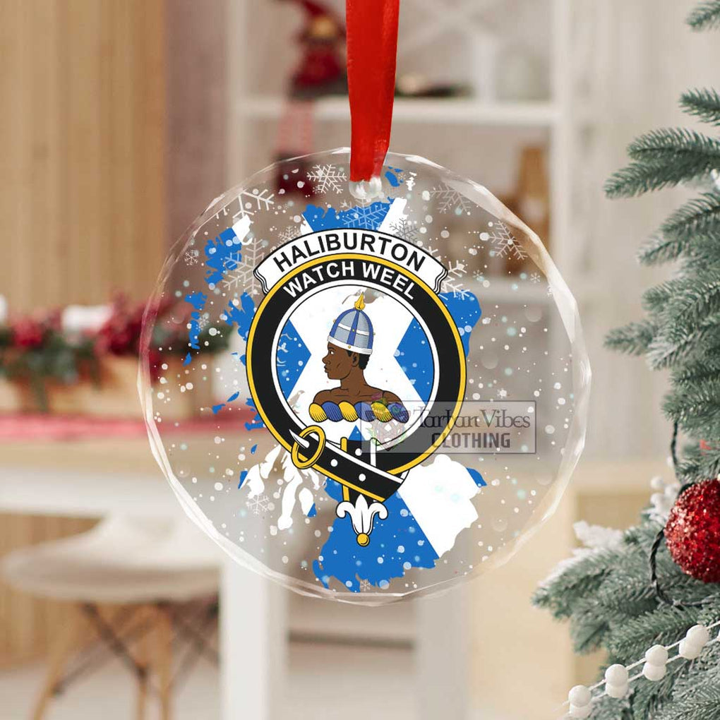 Tartan Vibes Clothing Haliburton Clan Crest Christmas Glass Ornament with Scotland Map