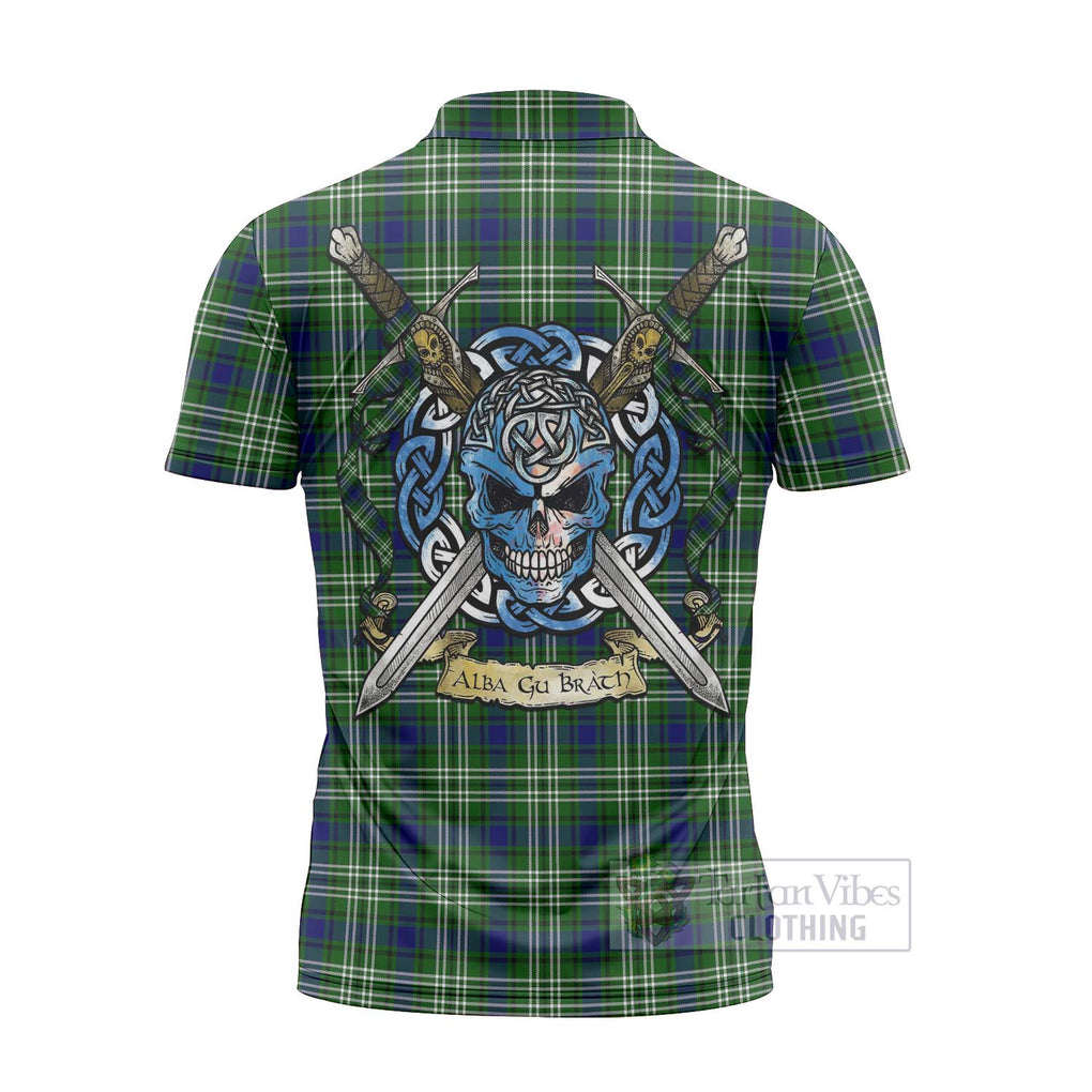 Tartan Vibes Clothing Haliburton Tartan Zipper Polo Shirt with Family Crest Celtic Skull Style