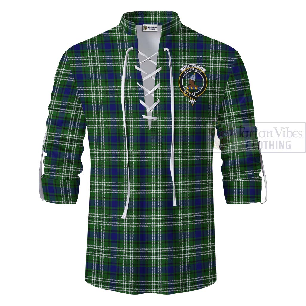 Tartan Vibes Clothing Haliburton Tartan Ghillie Kilt Shirt with Family Crest and Bearded Skull Holding Bottles of Whiskey