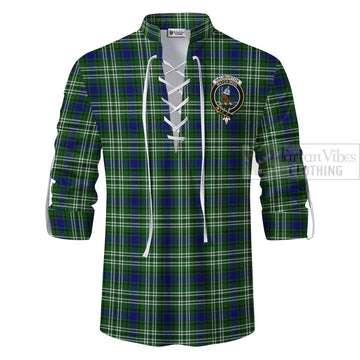 Haliburton Tartan Ghillie Kilt Shirt with Family Crest and Bearded Skull Holding Bottles of Whiskey