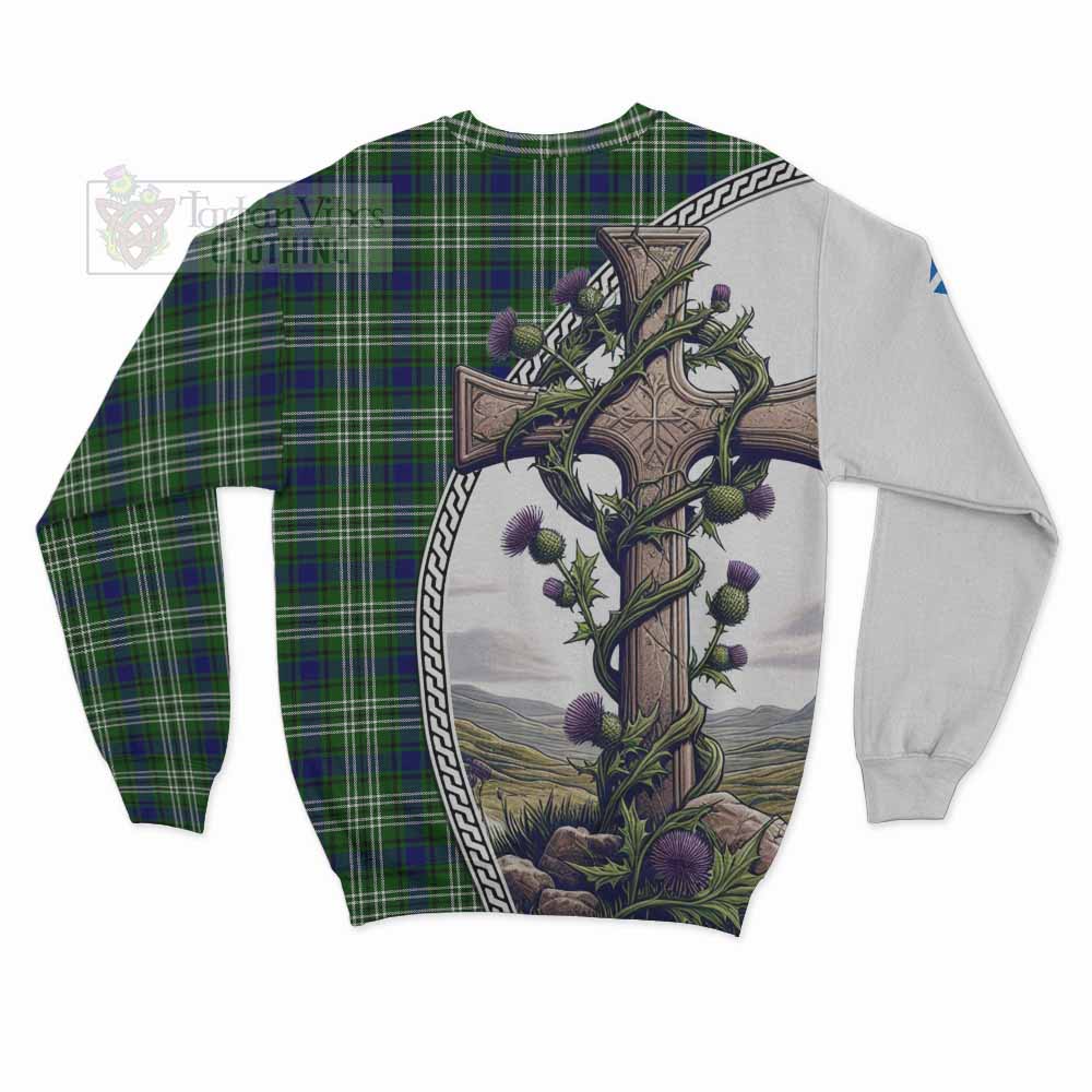 Tartan Vibes Clothing Haliburton Tartan Sweatshirt with Family Crest and St. Andrew's Cross Accented by Thistle Vines