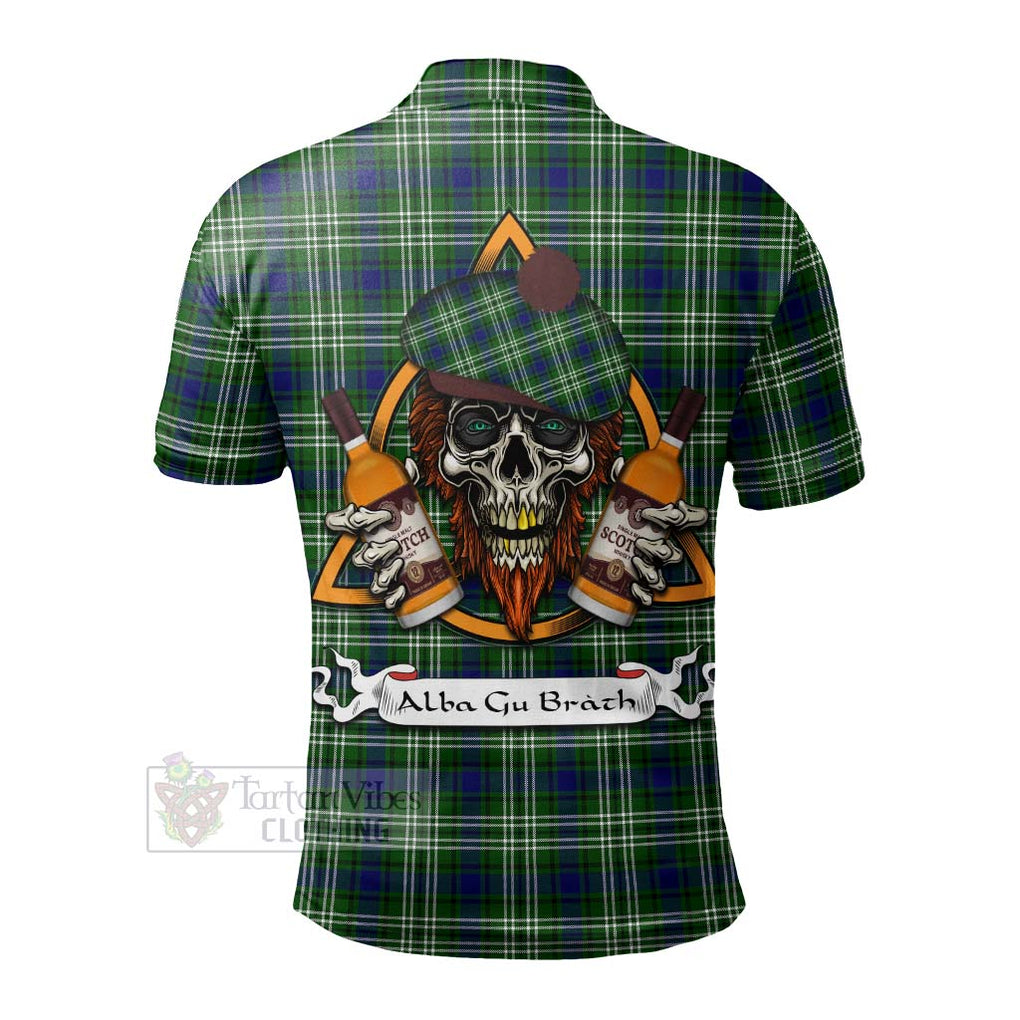 Tartan Vibes Clothing Haliburton Tartan Polo Shirt with Family Crest and Bearded Skull Holding Bottles of Whiskey