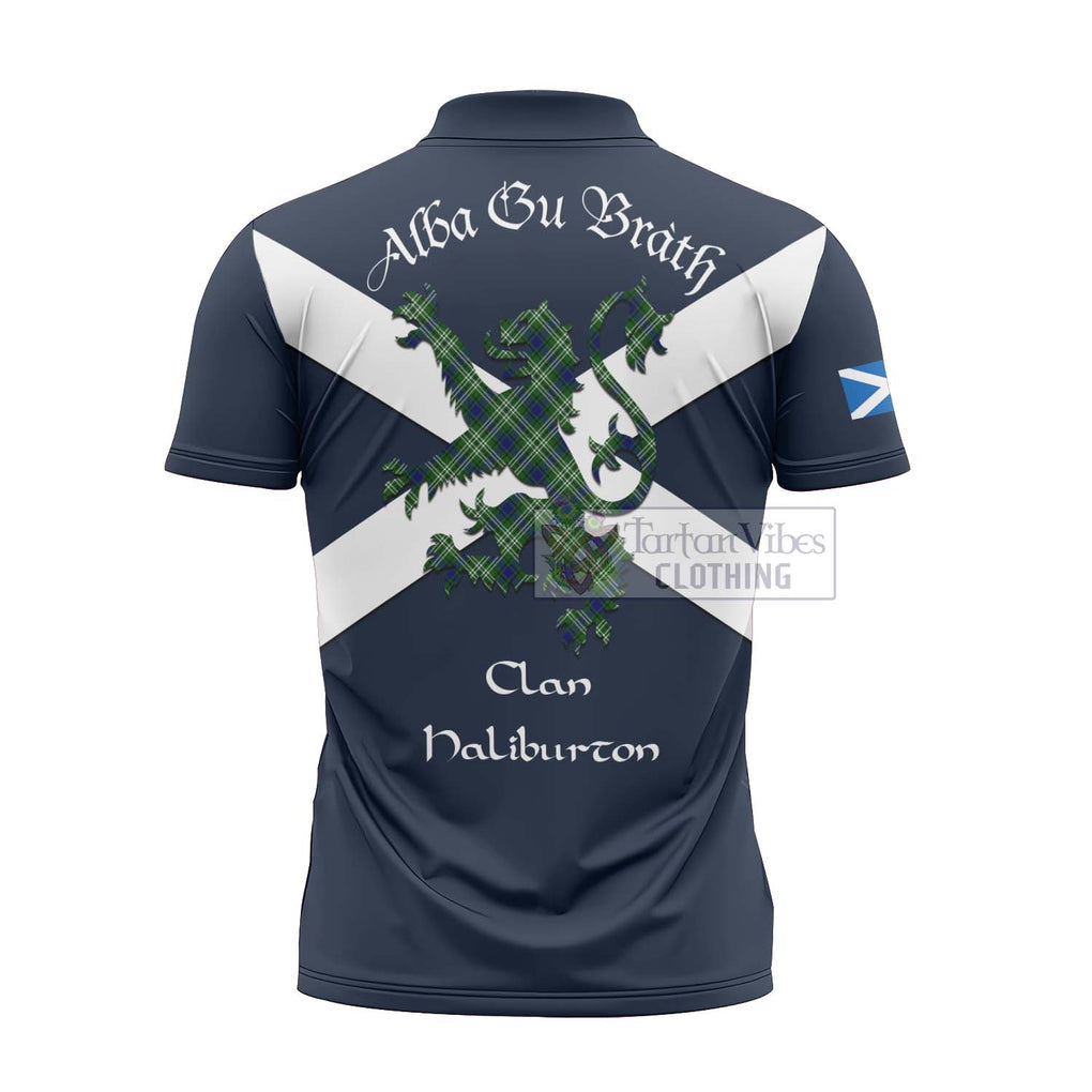 Tartan Vibes Clothing Haliburton Tartan Lion Rampant Zipper Polo Shirt – Proudly Display Your Heritage with Alba Gu Brath and Clan Name