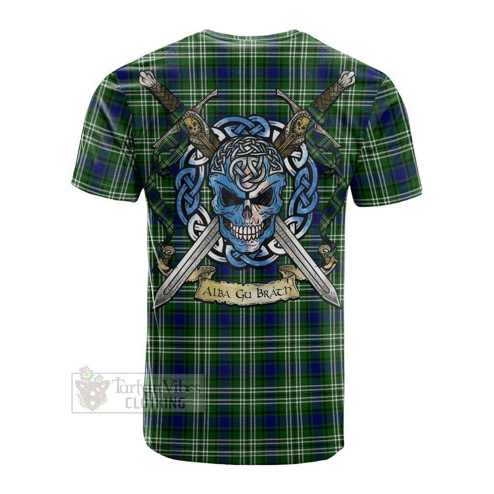 Tartan Vibes Clothing Haliburton Tartan Cotton T-shirt with Family Crest Celtic Skull Style