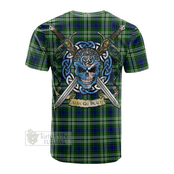 Haliburton Tartan Cotton T-shirt with Family Crest Celtic Skull Style