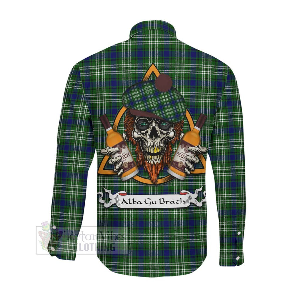 Tartan Vibes Clothing Haliburton Tartan Long Sleeve Button Shirt with Family Crest and Bearded Skull Holding Bottles of Whiskey