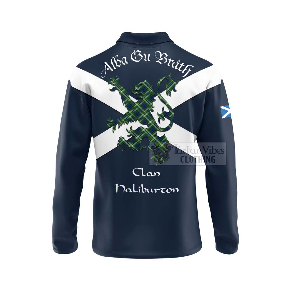 Tartan Vibes Clothing Haliburton Tartan Lion Rampant Long Sleeve Polo Shirt – Proudly Display Your Heritage with Alba Gu Brath and Clan Name