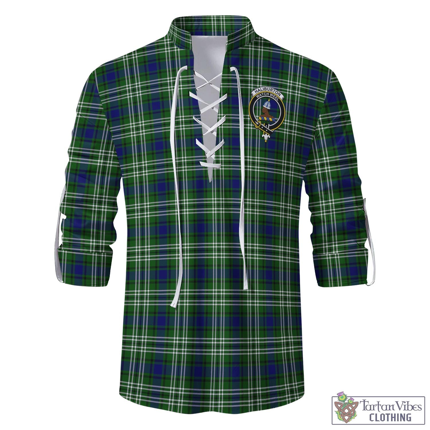 Tartan Vibes Clothing Haliburton Tartan Men's Scottish Traditional Jacobite Ghillie Kilt Shirt with Family Crest