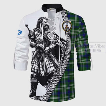 Haliburton Tartan Clan Crest Ghillie Kilt Shirt with Highlander Warrior Celtic Style