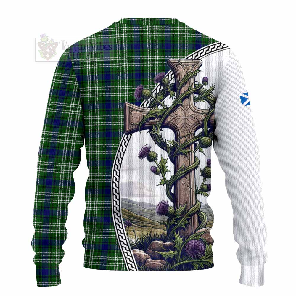 Tartan Vibes Clothing Haliburton Tartan Knitted Sweater with Family Crest and St. Andrew's Cross Accented by Thistle Vines