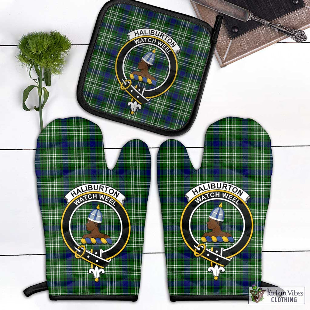 Haliburton Tartan Combo Oven Mitt & Pot-Holder with Family Crest Combo 1 Oven Mitt & 1 Pot-Holder Black - Tartan Vibes Clothing