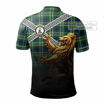 Haliburton Crest Tartan Polo Shirt with Golden Lion Emblem Celtic Style - Tartan Vibes Clothing