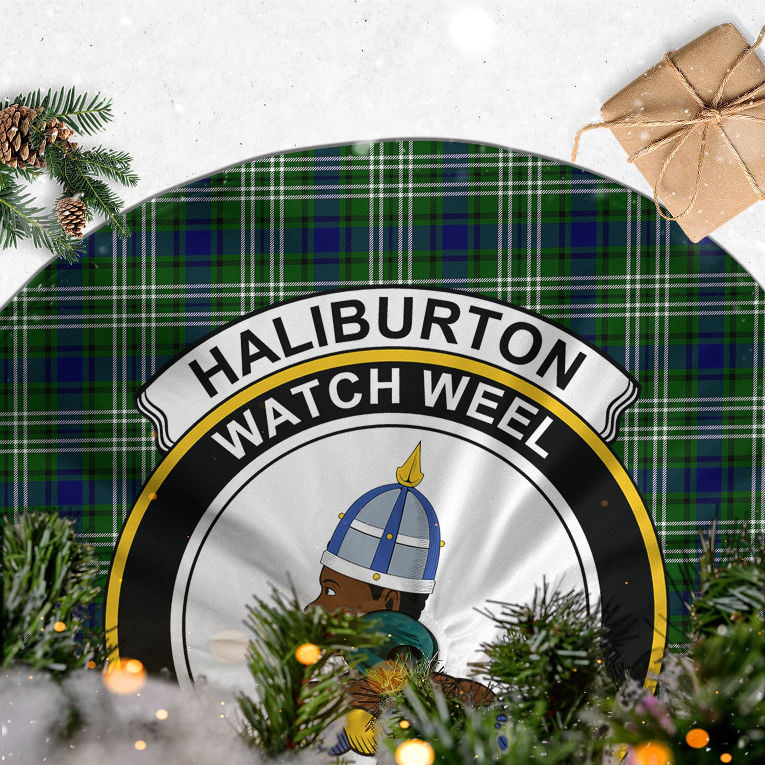 Haliburton Tartan Christmas Tree Skirt with Family Crest - Tartanvibesclothing