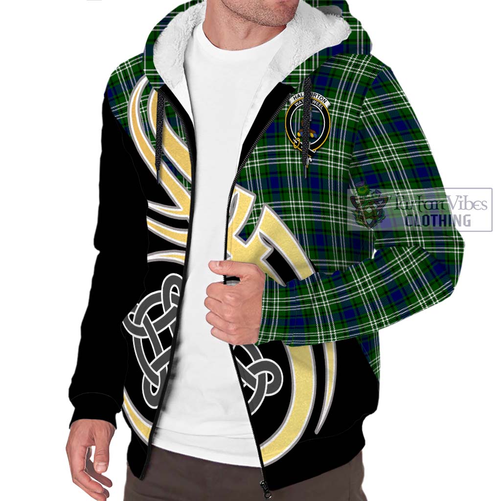 Haliburton Tartan Sherpa Hoodie with Family Crest and Celtic Symbol Style - Tartan Vibes Clothing