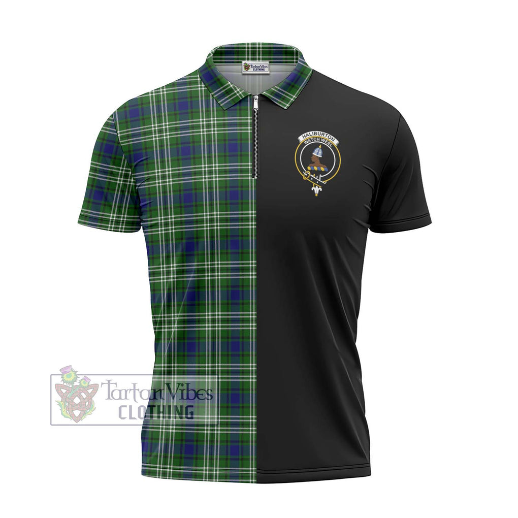 Haliburton Tartan Zipper Polo Shirt with Family Crest and Half Of Me Style - Tartanvibesclothing Shop