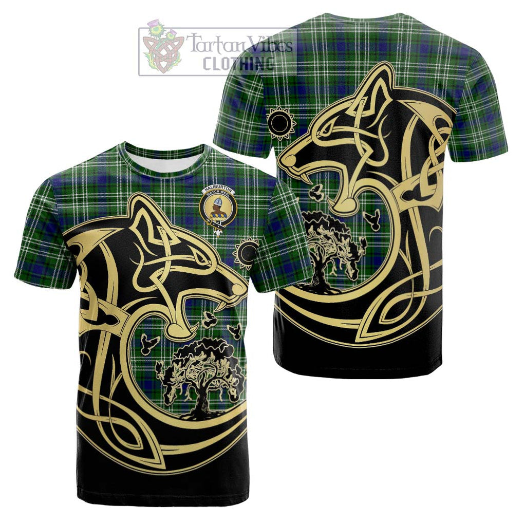 Tartan Vibes Clothing Haliburton Tartan Cotton T-shirt with Family Crest Celtic Wolf Style