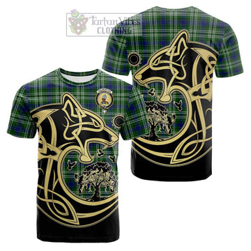 Haliburton Tartan Cotton T-shirt with Family Crest Celtic Wolf Style