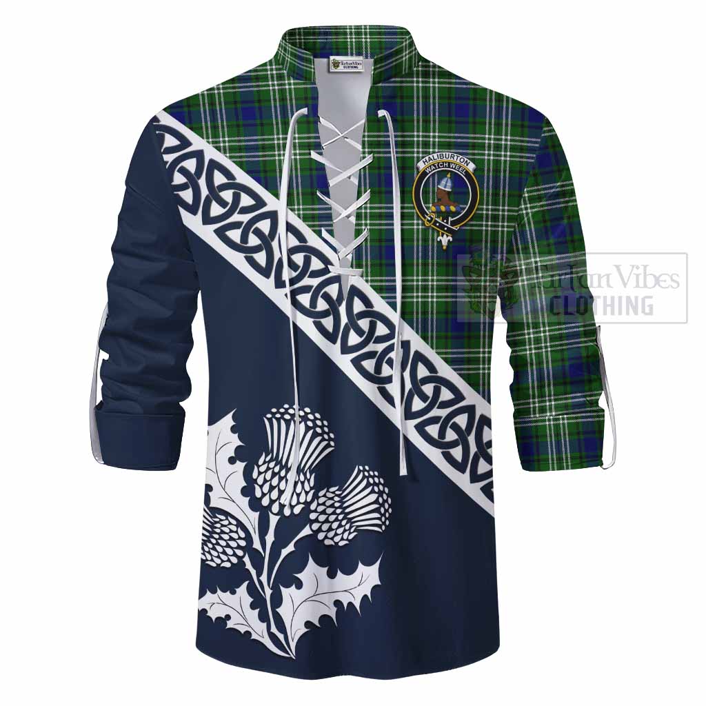 Tartan Vibes Clothing Haliburton Tartan Ghillie Kilt Shirt Featuring Thistle and Scotland Map