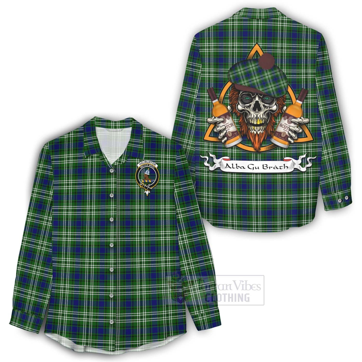 Tartan Vibes Clothing Haliburton Tartan Women's Casual Shirt with Family Crest and Bearded Skull Holding Bottles of Whiskey