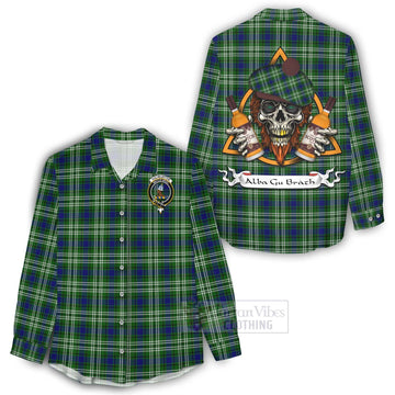 Haliburton Tartan Women's Casual Shirt with Family Crest and Bearded Skull Holding Bottles of Whiskey