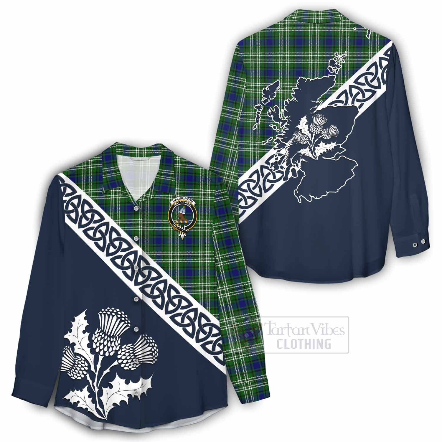 Tartan Vibes Clothing Haliburton Tartan Women's Casual Shirt Featuring Thistle and Scotland Map