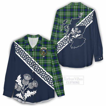 Haliburton Tartan Women's Casual Shirt Featuring Thistle and Scotland Map