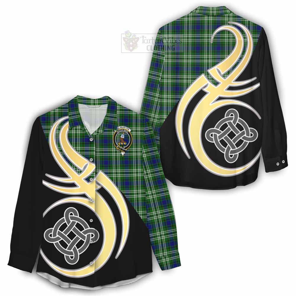 Tartan Vibes Clothing Haliburton Tartan Women's Casual Shirt with Family Crest and Celtic Symbol Style