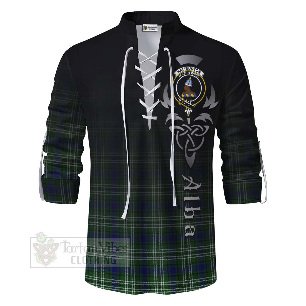 Tartan Vibes Clothing Haliburton Tartan Ghillie Kilt Shirt Featuring Alba Gu Brath Family Crest Celtic Inspired