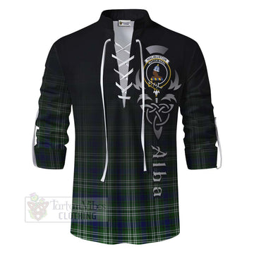 Haliburton Tartan Ghillie Kilt Shirt Featuring Alba Gu Brath Family Crest Celtic Inspired