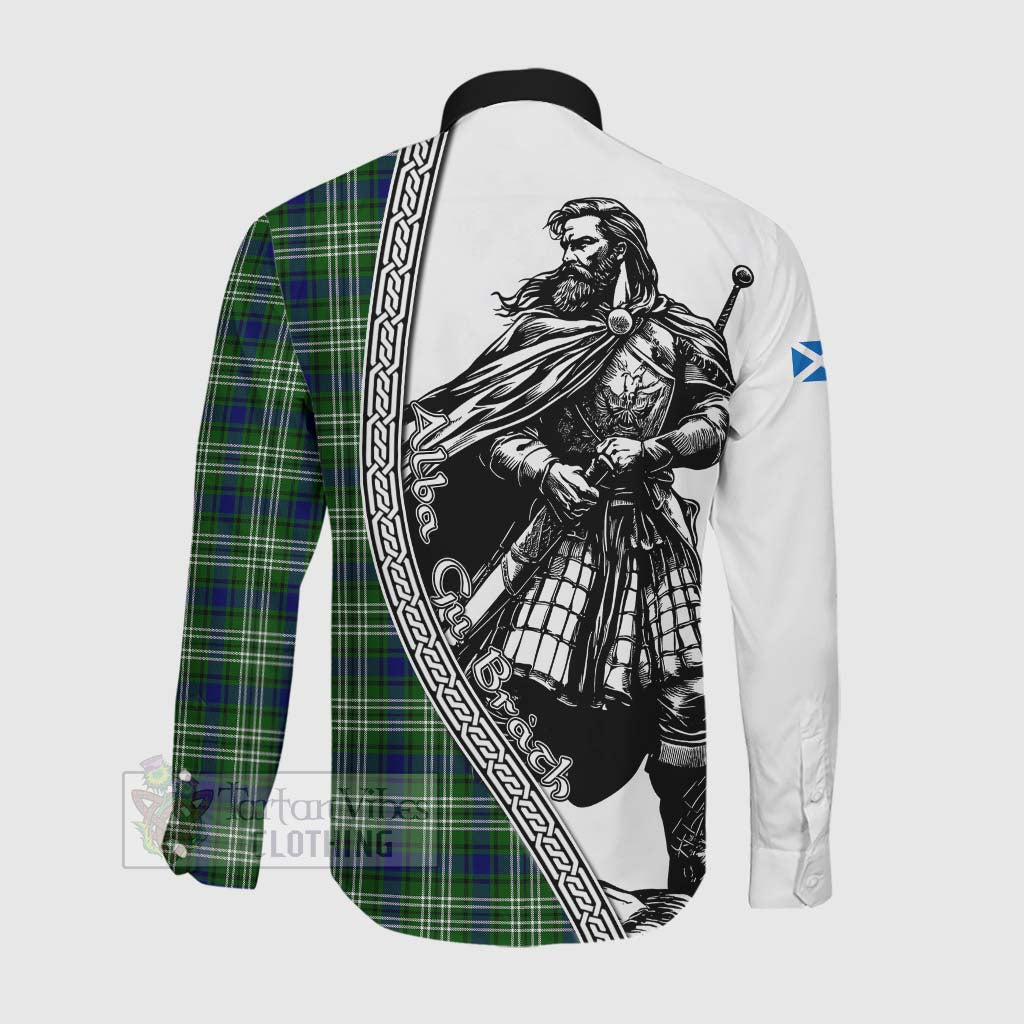 Tartan Vibes Clothing Haliburton Tartan Clan Crest Long Sleeve Button Shirt with Highlander Warrior Celtic Style