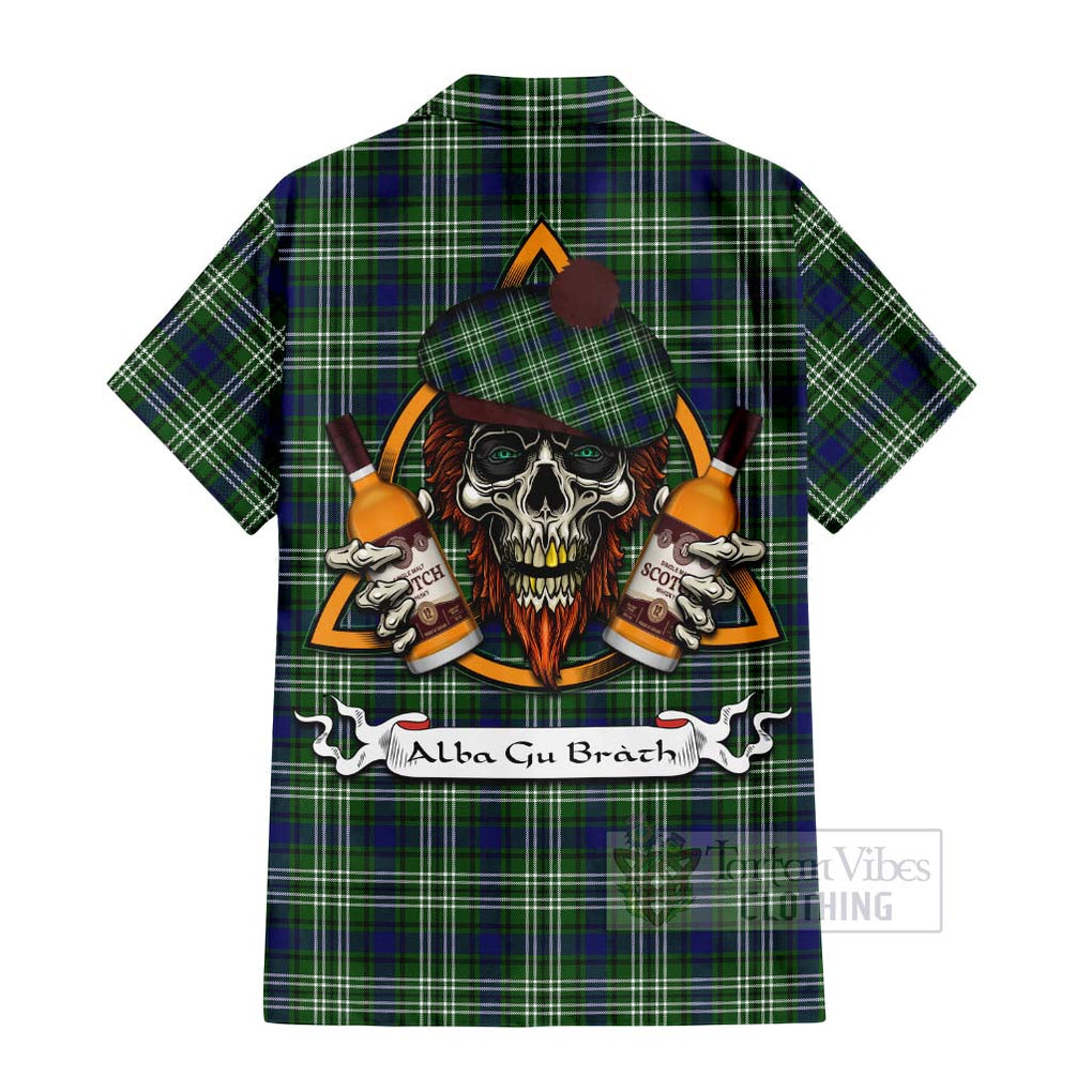 Tartan Vibes Clothing Haliburton Tartan Short Sleeve Button Shirt with Family Crest and Bearded Skull Holding Bottles of Whiskey