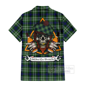 Haliburton Tartan Short Sleeve Button Shirt with Family Crest and Bearded Skull Holding Bottles of Whiskey