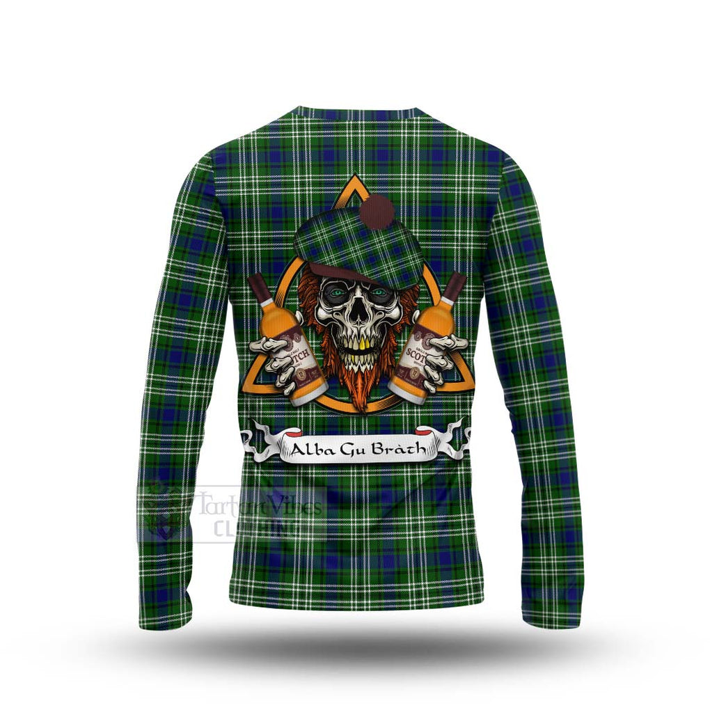 Tartan Vibes Clothing Haliburton Tartan Long Sleeve T-Shirt with Family Crest and Bearded Skull Holding Bottles of Whiskey