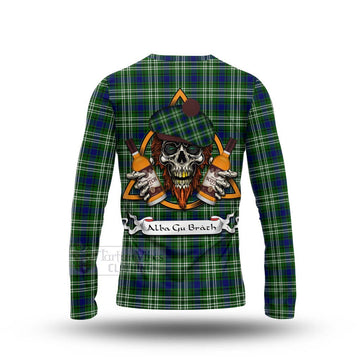 Haliburton Tartan Long Sleeve T-Shirt with Family Crest and Bearded Skull Holding Bottles of Whiskey