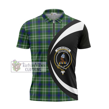 Haliburton Tartan Zipper Polo Shirt with Family Crest Circle Style