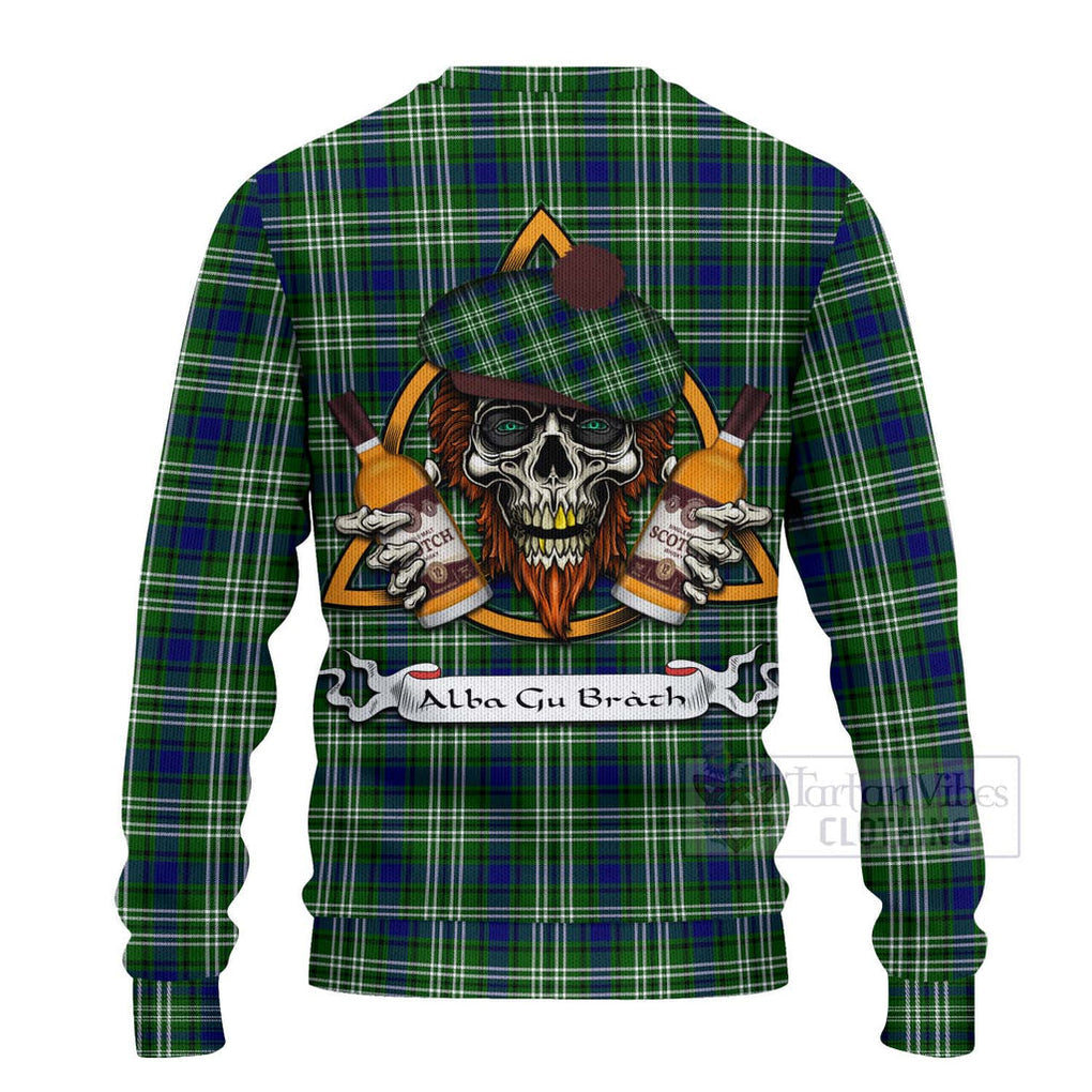 Tartan Vibes Clothing Haliburton Tartan Knitted Sweater with Family Crest and Bearded Skull Holding Bottles of Whiskey