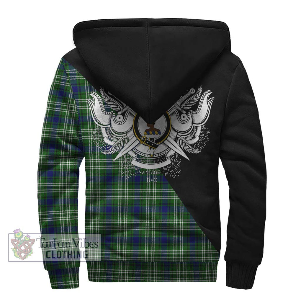 Haliburton Tartan Sherpa Hoodie with Family Crest and Military Logo Style - Tartanvibesclothing Shop