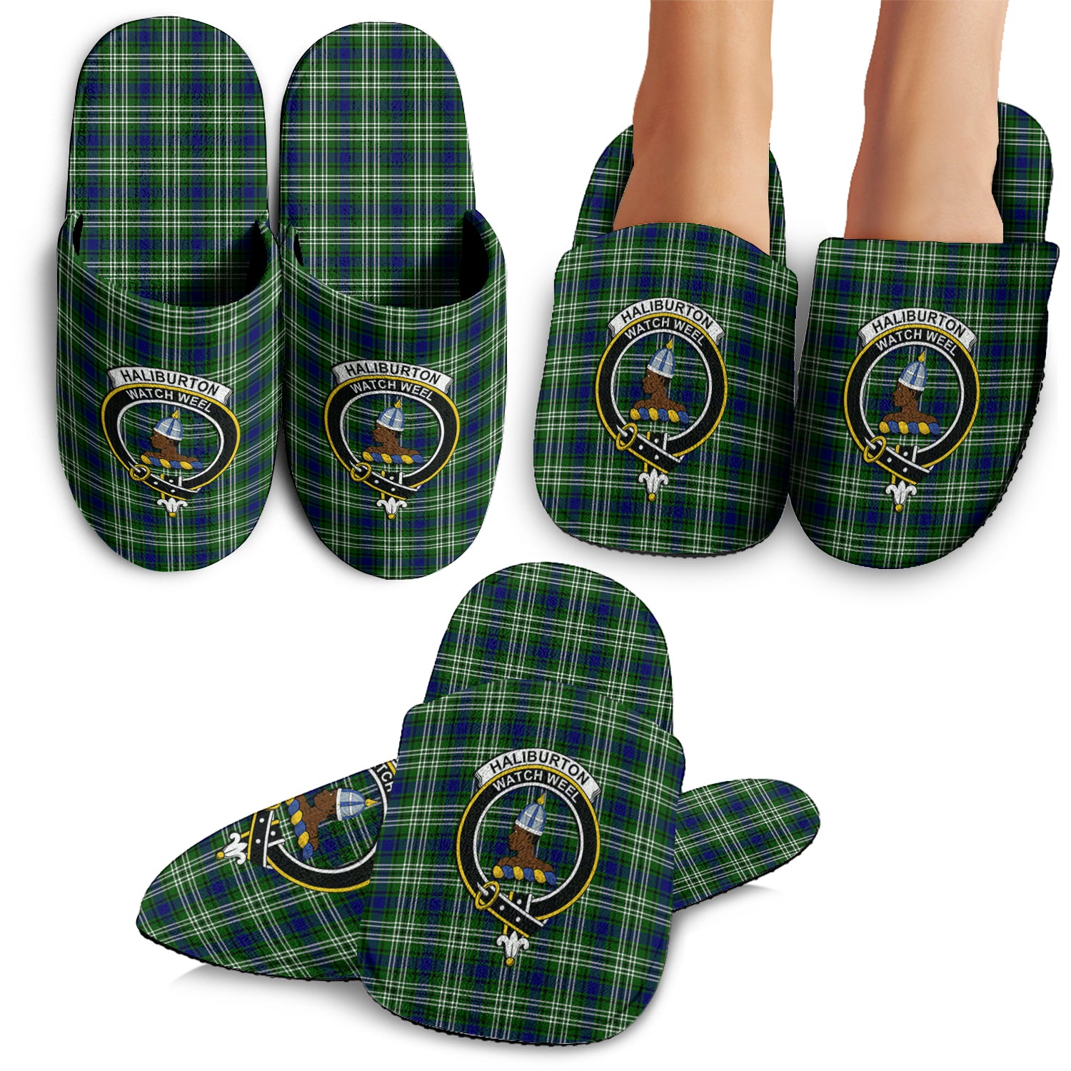 Haliburton Tartan Home Slippers with Family Crest - Tartanvibesclothing