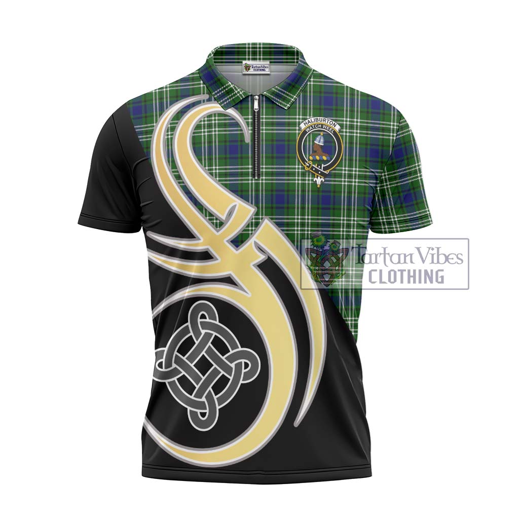 Tartan Vibes Clothing Haliburton Tartan Zipper Polo Shirt with Family Crest and Celtic Symbol Style