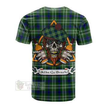 Haliburton Tartan Cotton T-shirt with Family Crest and Bearded Skull Holding Bottles of Whiskey