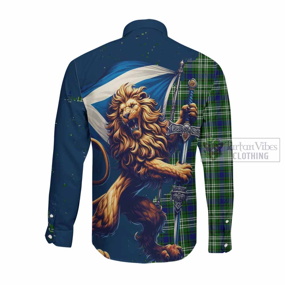 Tartan Vibes Clothing Haliburton Tartan Family Crest Long Sleeve Button Shirt with Scottish Majestic Lion