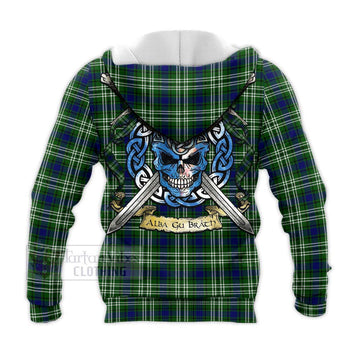 Haliburton Tartan Knitted Hoodie with Family Crest Celtic Skull Style