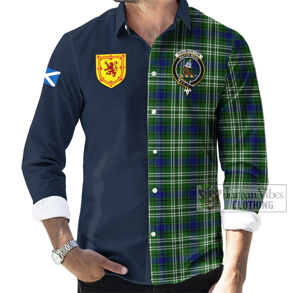 Tartan Vibes Clothing Haliburton Tartan Long Sleeve Button Shirt with Scottish Lion Royal Arm Half Style