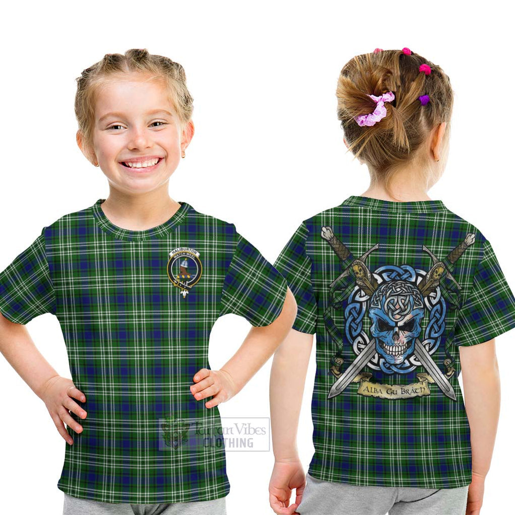 Tartan Vibes Clothing Haliburton Tartan Kid T-Shirt with Family Crest Celtic Skull Style