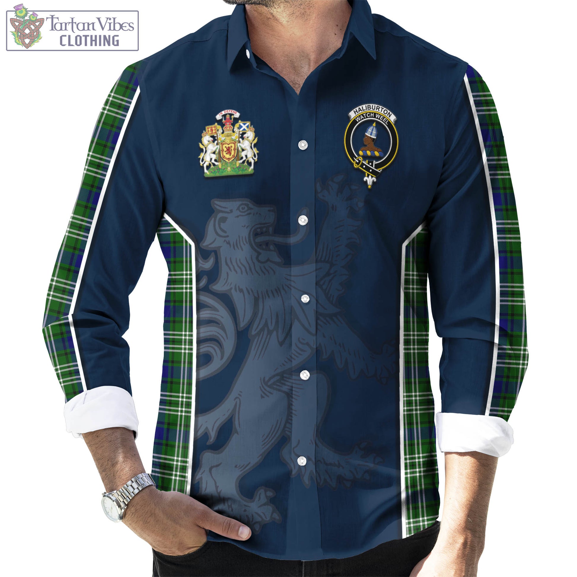 Tartan Vibes Clothing Haliburton Tartan Long Sleeve Button Up Shirt with Family Crest and Lion Rampant Vibes Sport Style