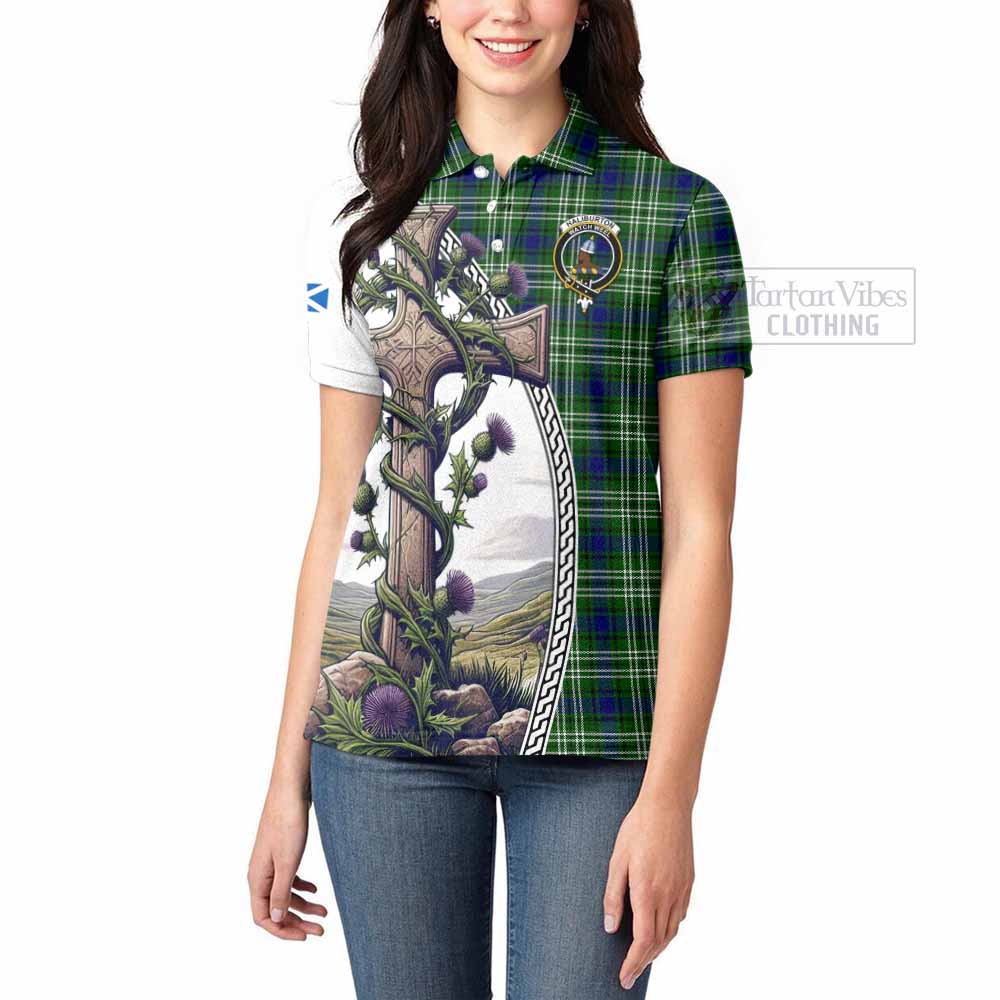 Tartan Vibes Clothing Haliburton Tartan Women's Polo Shirt with Family Crest and St. Andrew's Cross Accented by Thistle Vines