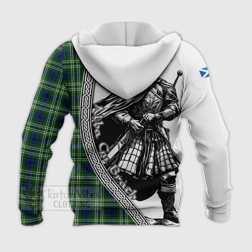 Tartan Vibes Clothing Haliburton Tartan Clan Crest Knitted Hoodie with Highlander Warrior Celtic Style