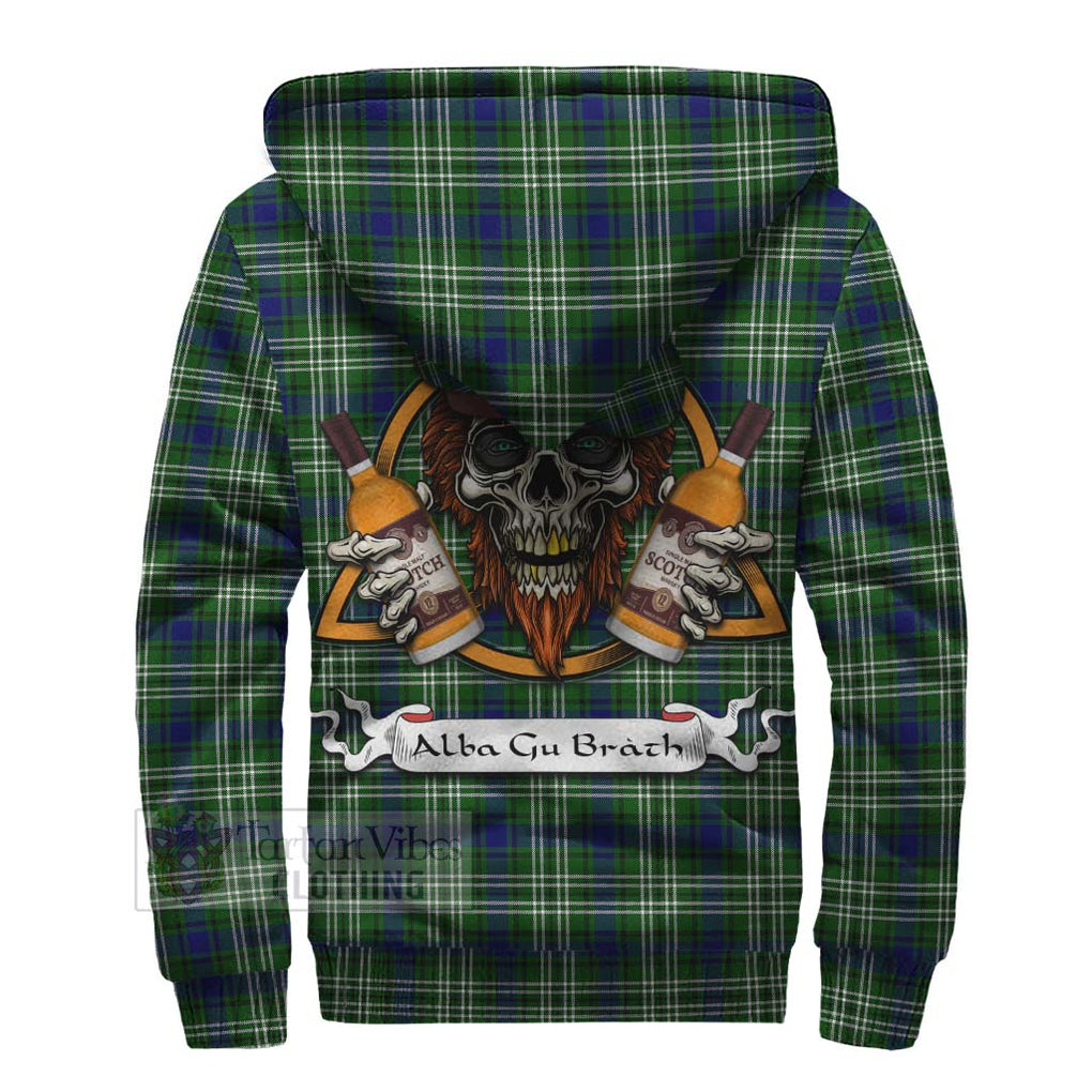 Tartan Vibes Clothing Haliburton Tartan Sherpa Hoodie with Family Crest and Bearded Skull Holding Bottles of Whiskey